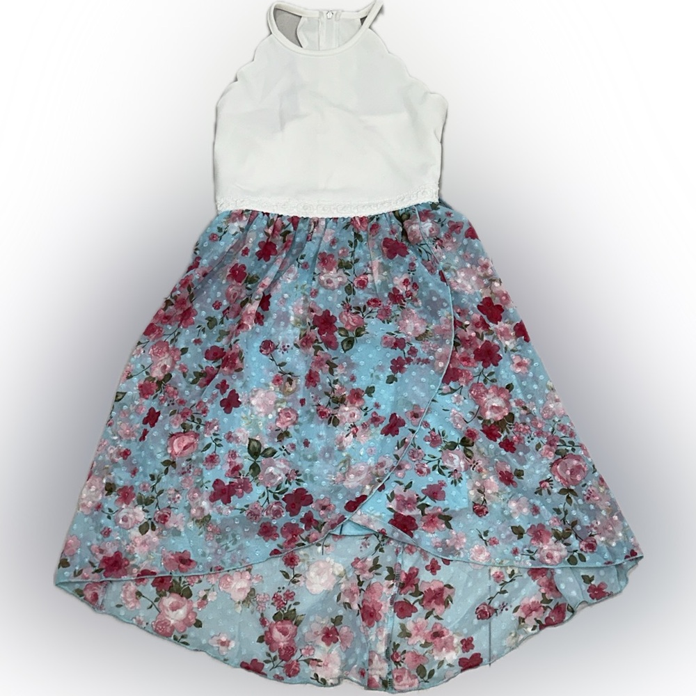 Speechless Kids Girls Size 8 Sleeveless White Blue Floral High Low Party Dress